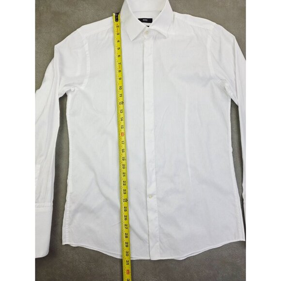 Hugo Boss Sharp Fit Size 15.5 34-35 White Stripe French Cuff Hidden Button Shirt - Picture 10 of 11